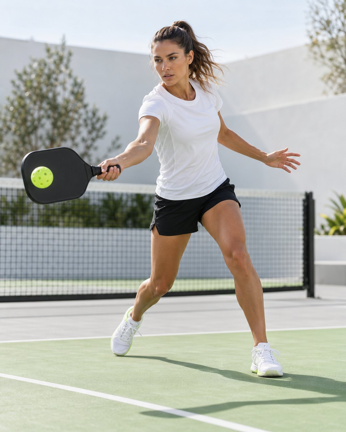 Joueuse de pickleball en action sur un terrain extérieur