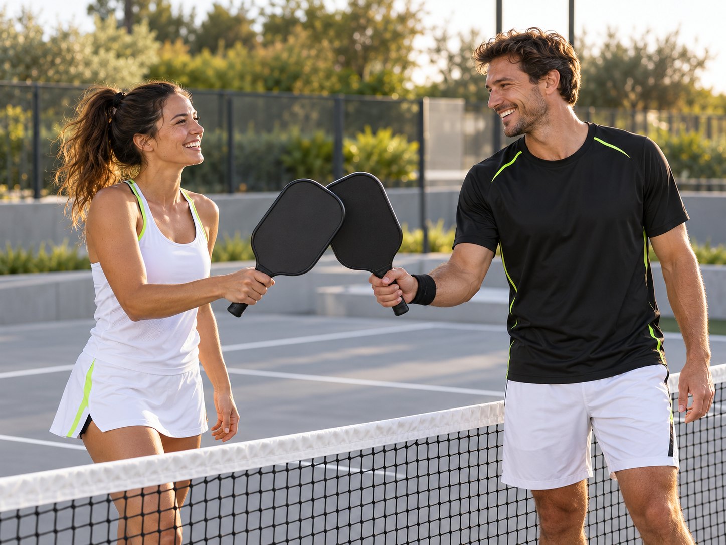 Deux joueurs de pickleball partagent un moment de complicité après un échange